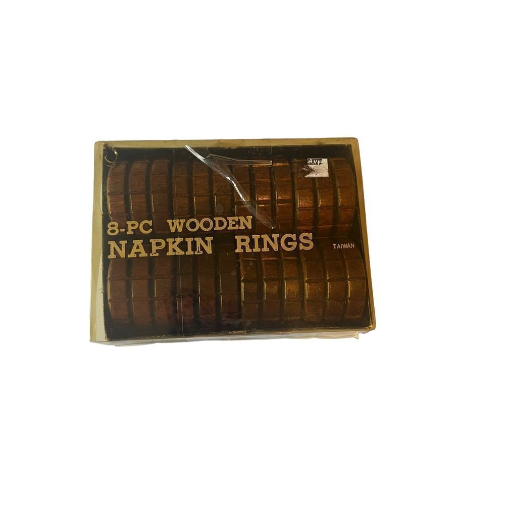 Vintage Set of 8 Dark Brown Wooden Napkin Rings‎ with Box